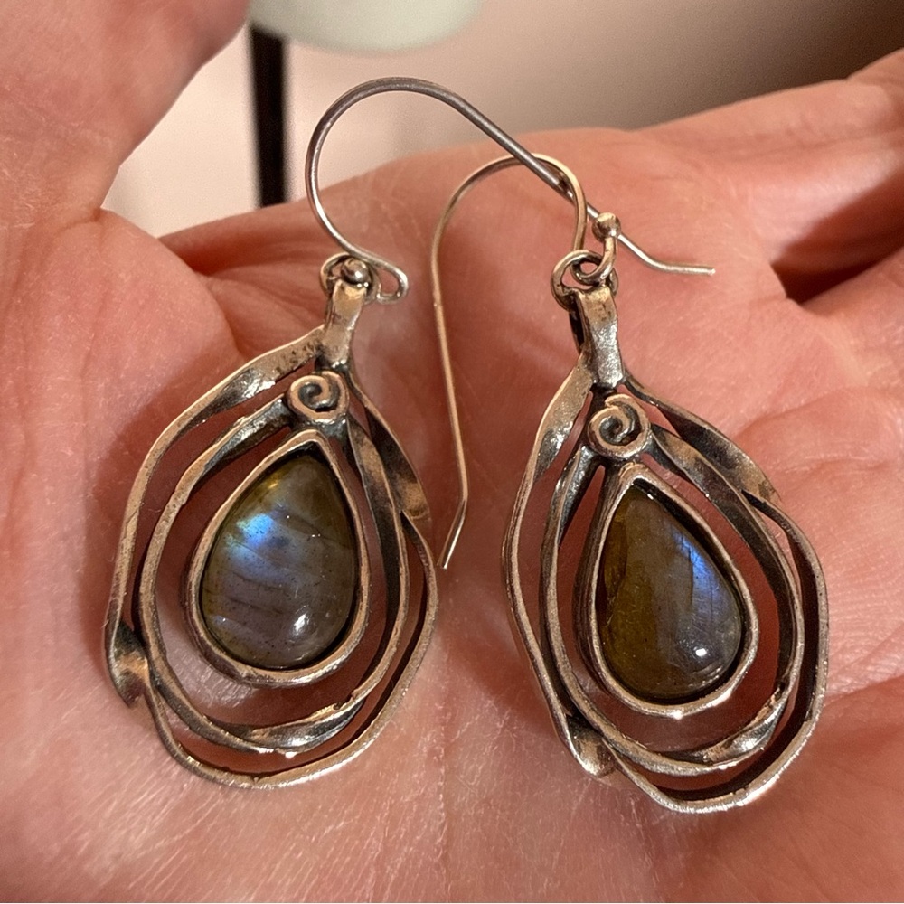 Vintage Sterling silver Israel labradorite brutalist modernist designer earrings - Picture 3 of 14